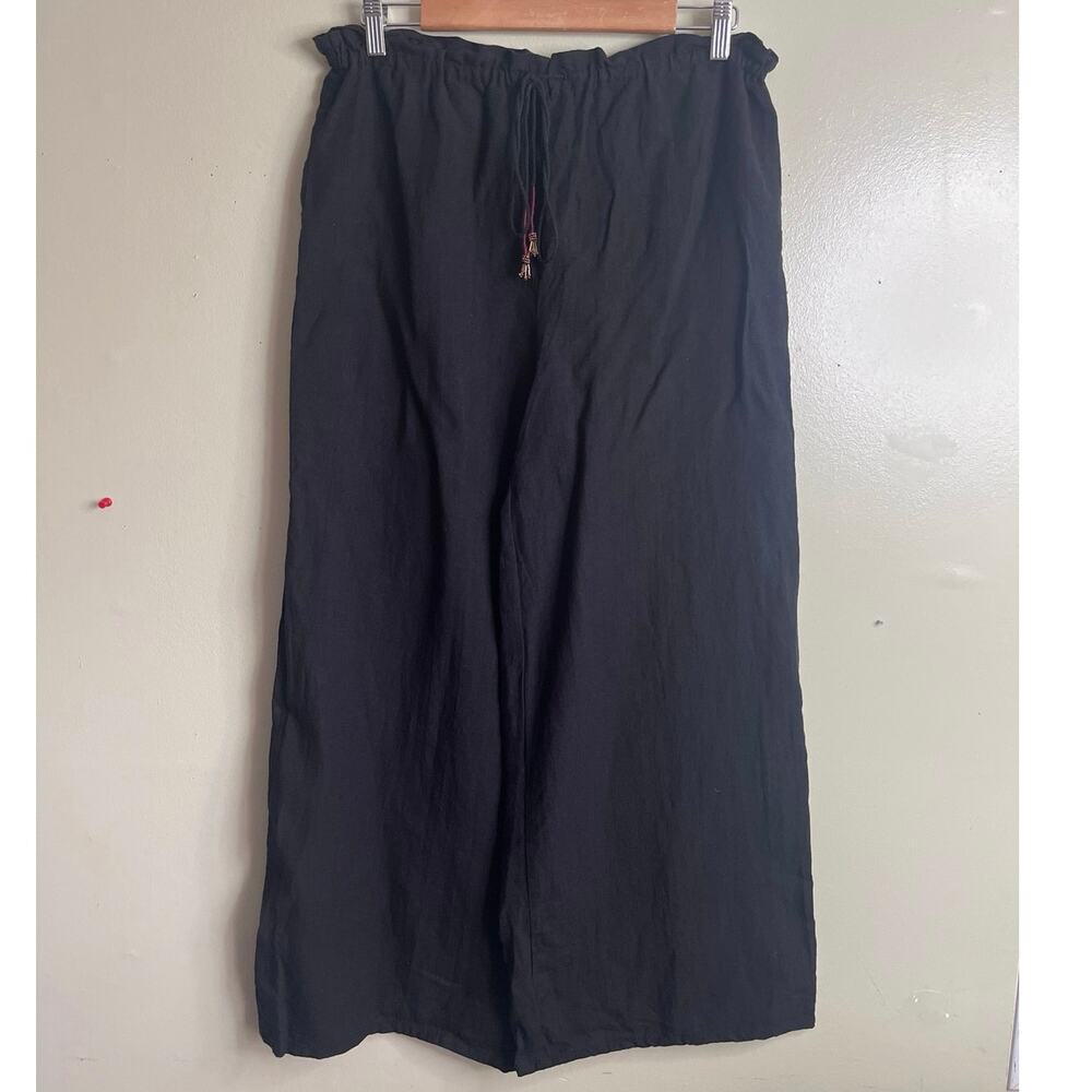 Zara black, high-waisted linen wide-leg pull on pants, tassels, size medium